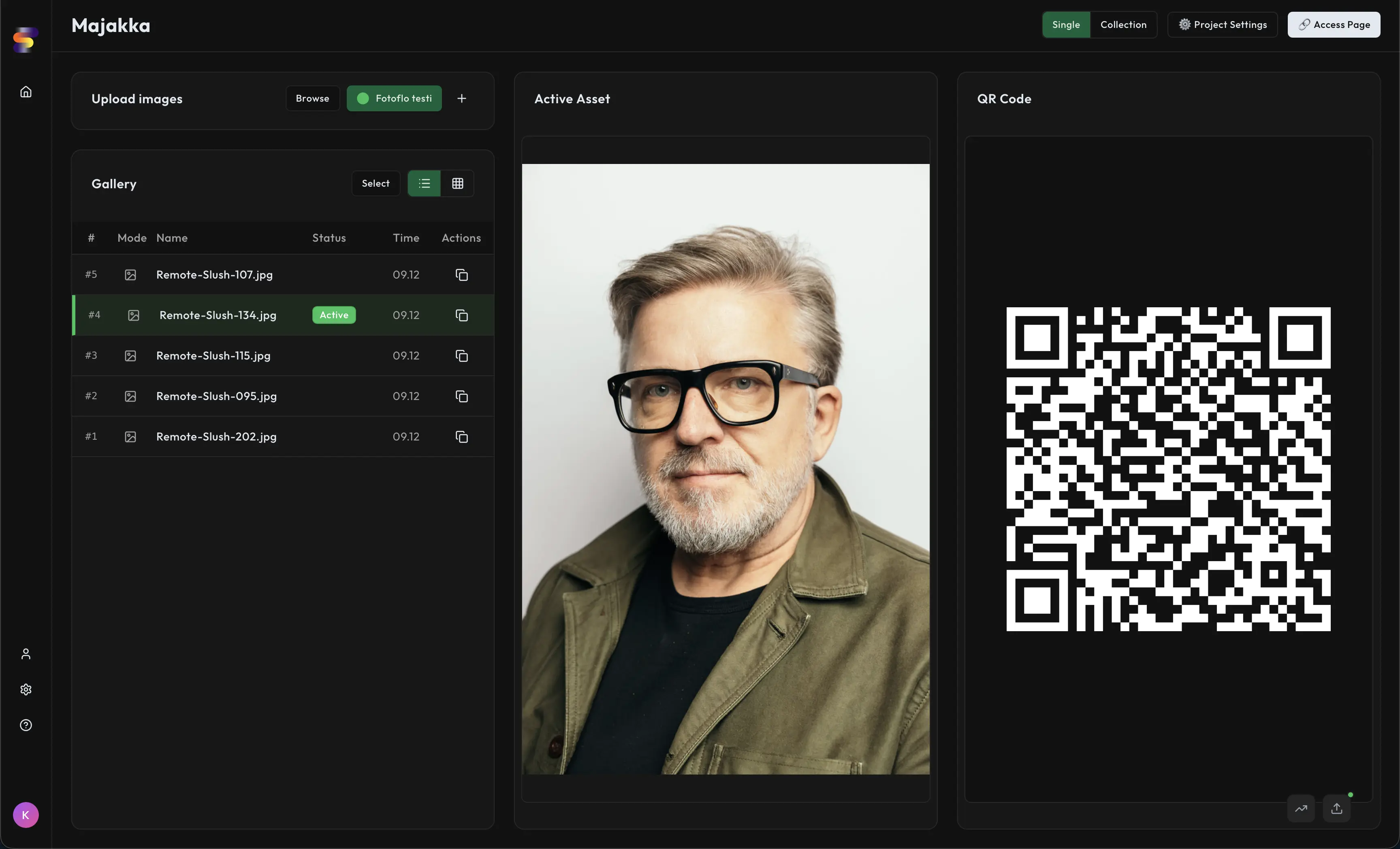 The Fotoflo project view: uploaded photos, the active portrait and its QR code side by side